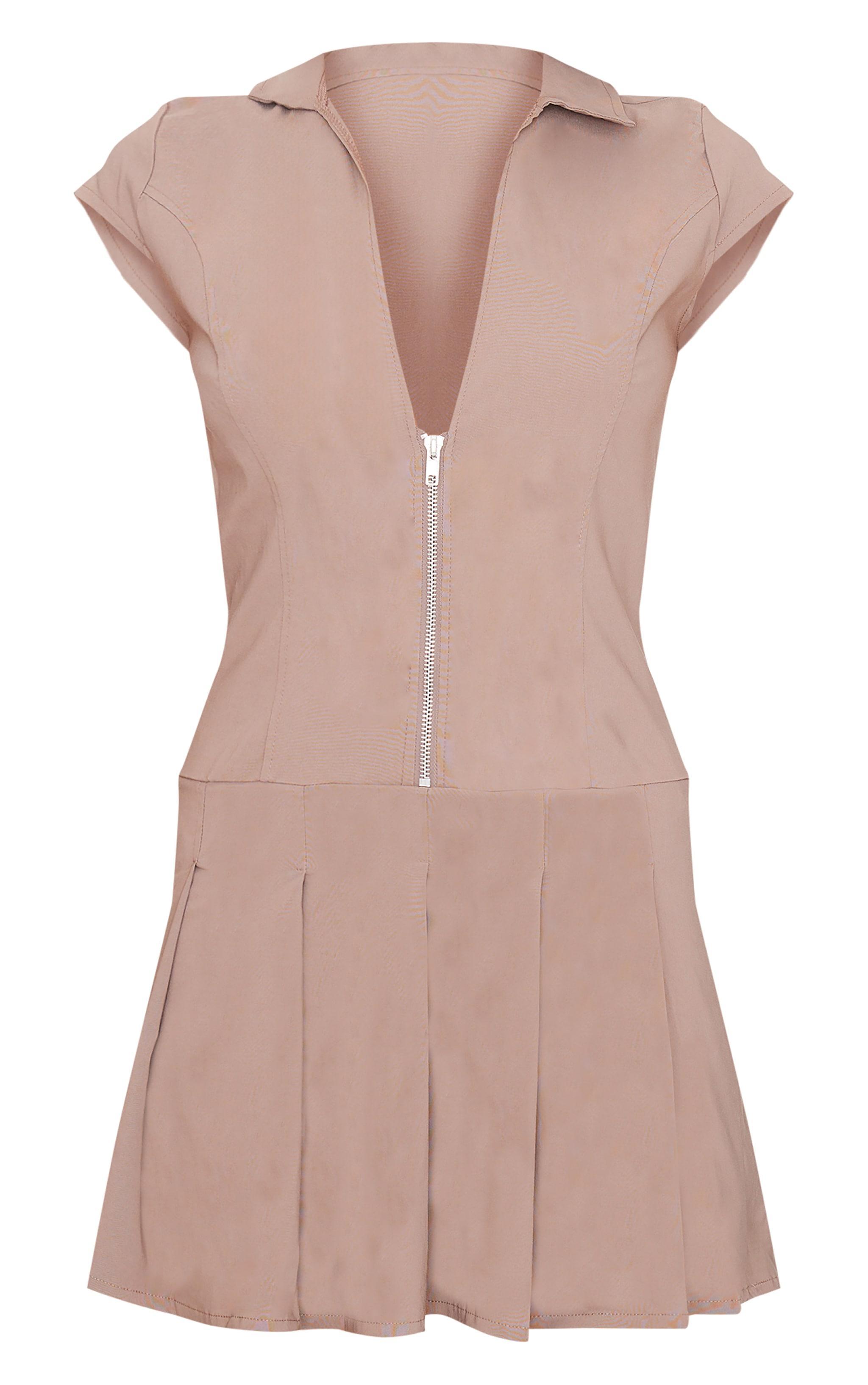 Taupe Zip Up Pleated Shift Dress Product Image