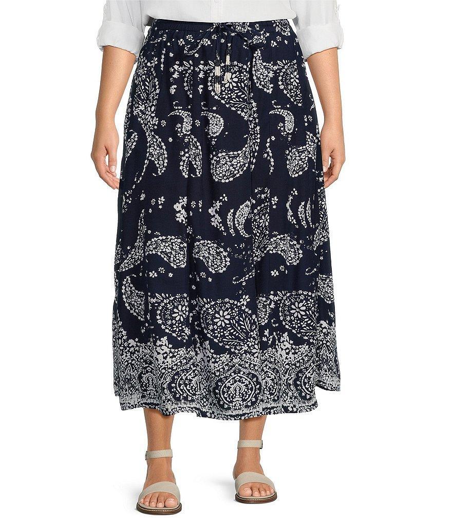 Intro Plus Size Maya Paisley Print Elastic Waist Tassel Drawstring A-Line Pull-On Skirt Product Image