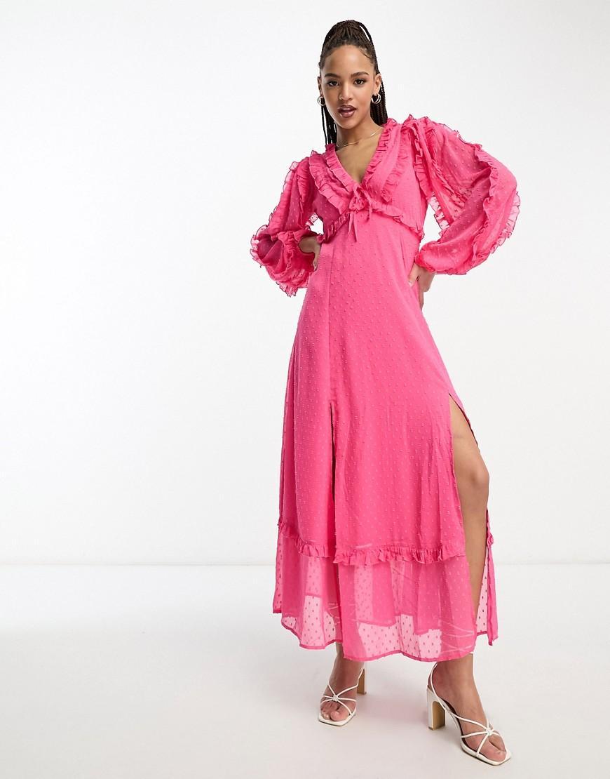 Miss Selfridge textured chiffon ruffle detail maxi dress in hot pink Product Image