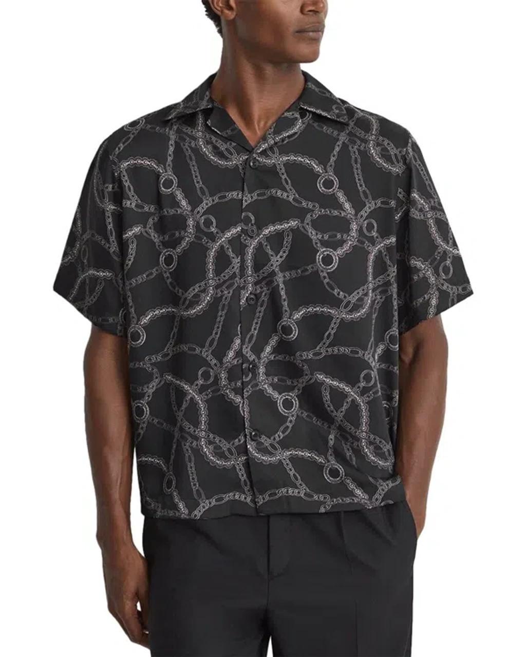 REISS Quest Printed Short Sleeve Button Front Camp Shirt In Black Product Image