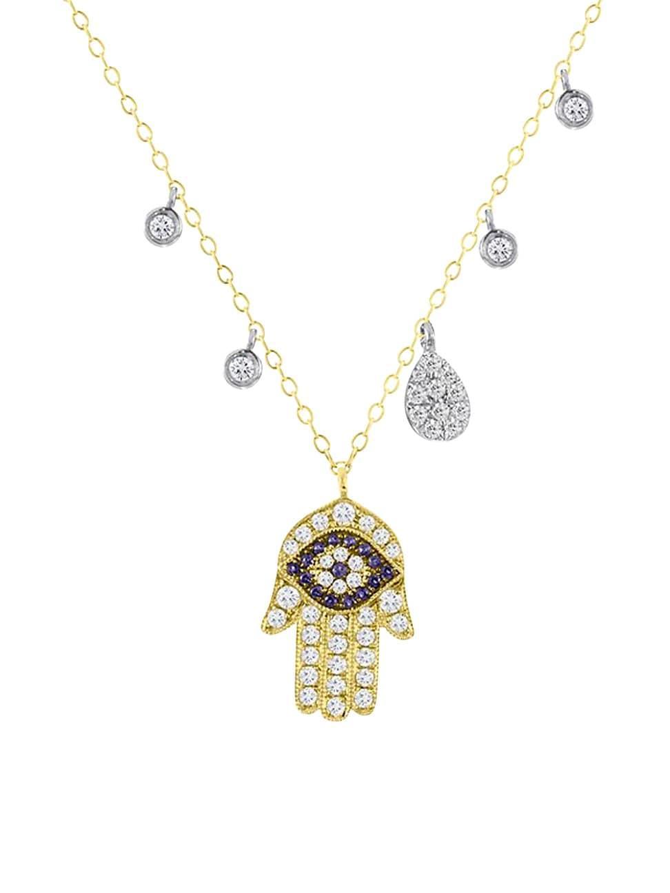 Womens 14K Gold, Diamond & Sapphire Hamsa & Evil Eye Charm Necklace Product Image