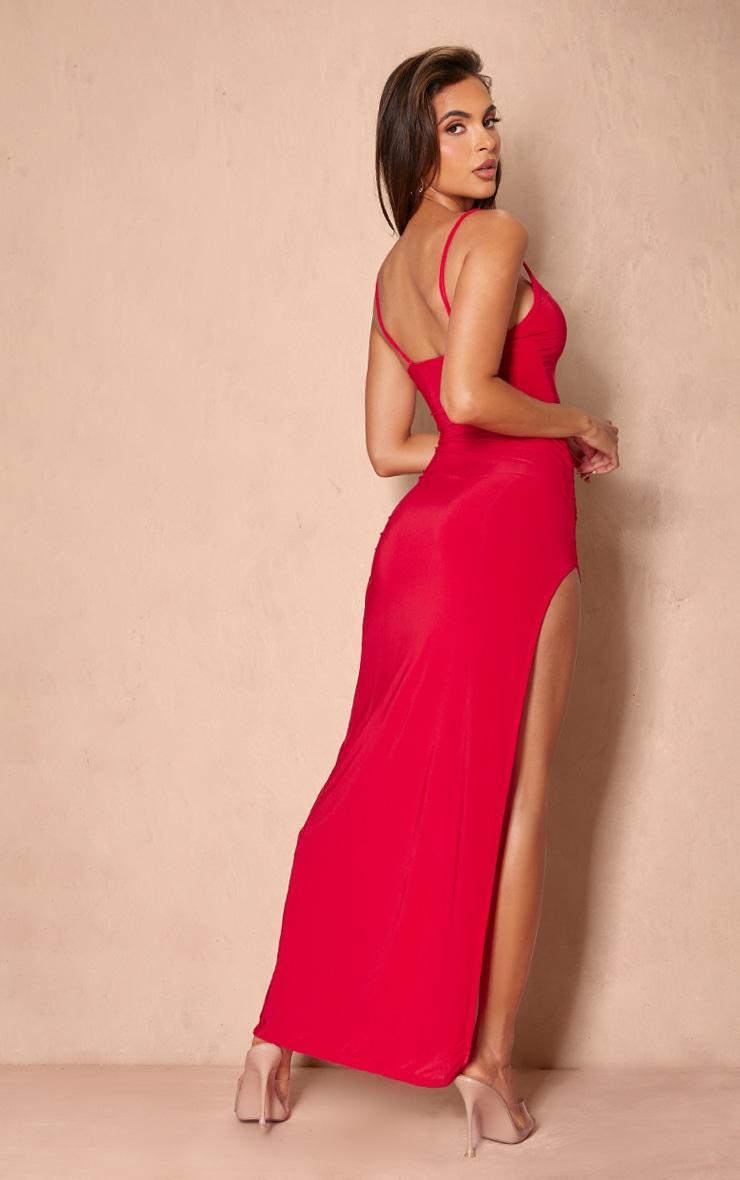 Tomato Red Slinky Lace Trim Split Detail Maxi Dress Product Image