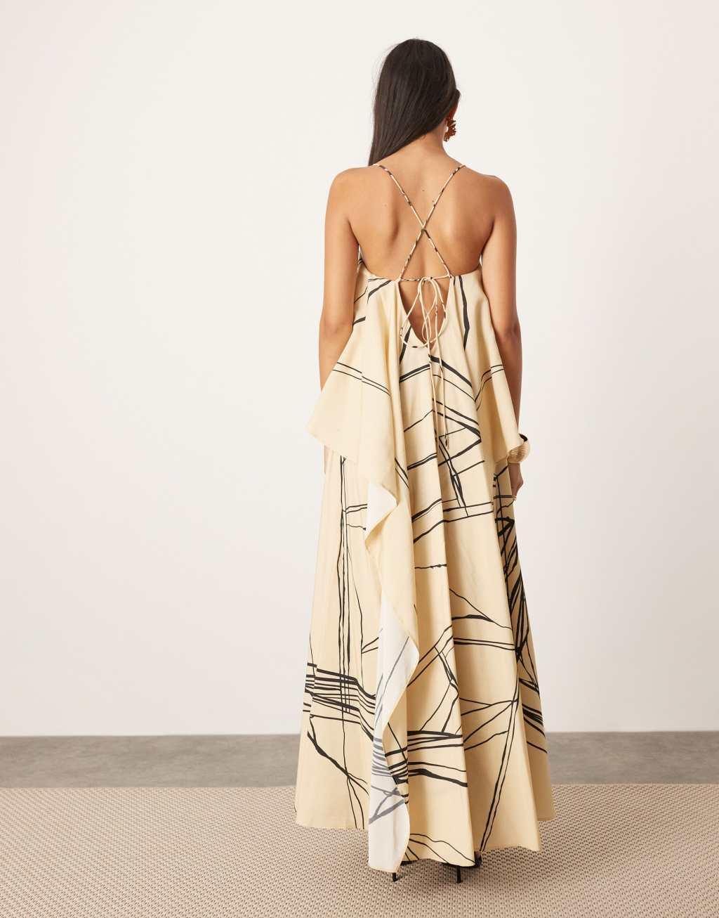 ASOS EDITION strappy square neck maxi dress with pockets and dramatic drape detail in mono abstract print Product Image