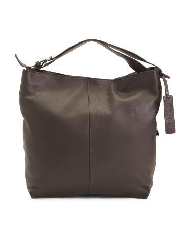 Leather Large Top Zip Bucket Bag With Buckled Strap for Women Product Image