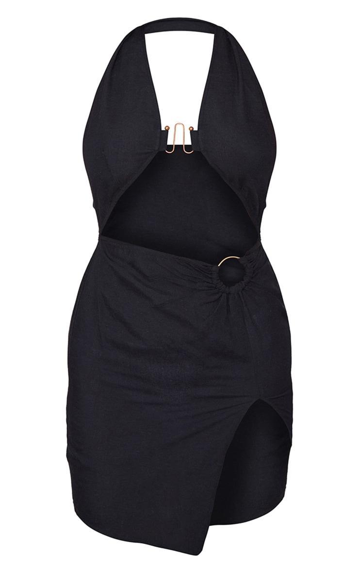 Black Linen Look Trim Detail Halterneck Cut Out Bodycon Dress Product Image