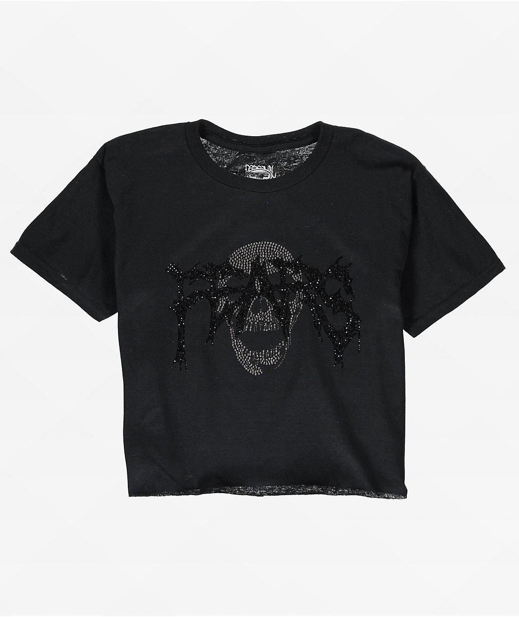 Personal Fears Tonal Rhinestone Skull Black Crop T-Shirt Product Image