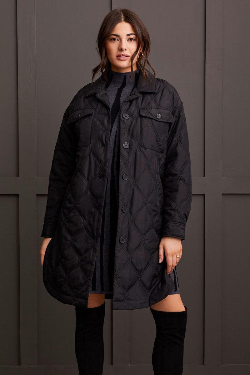 Long Quilted Button Up Jacket w/ Pockets- Black Product Image