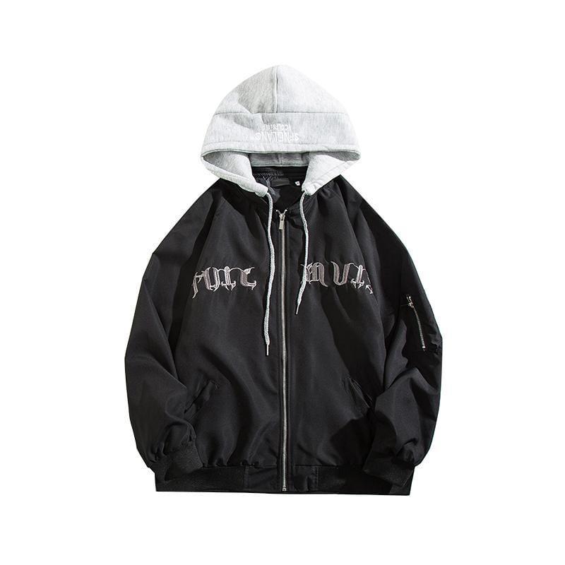 Lettering Embroidered Drawstring Hooded Zip Bomber Jacket Product Image