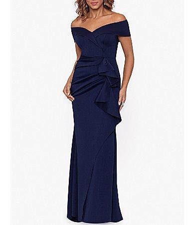 Xscape Evenings Off the Shoulder Ruffle Scuba Gown Product Image