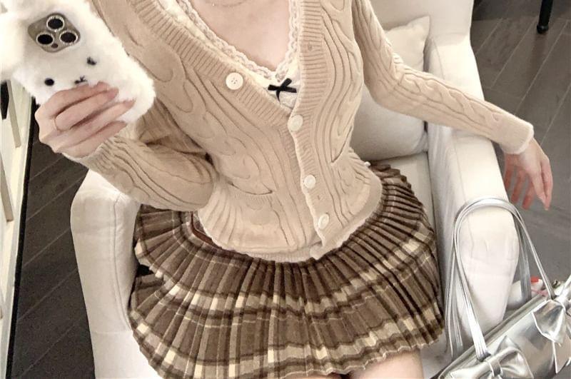 V-Neck Contrast Trim Cable Knit Button-Up Cardigan / Lace Crop Tank Top / High Rise Plaid Pleated Mini A-Line Skirt Product Image