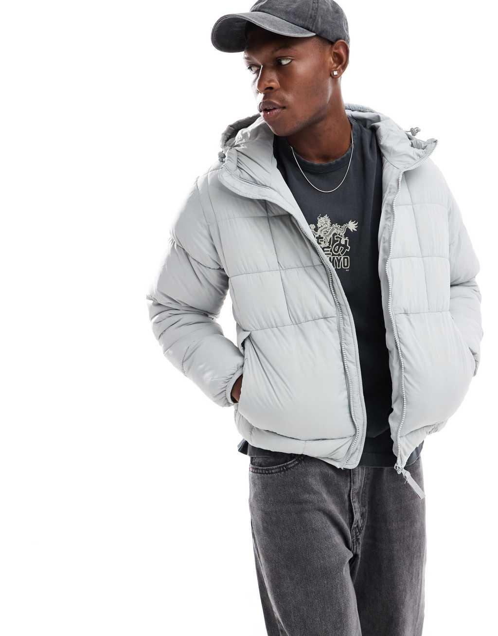 Pull&Bear lightweight puffer jacket with hood in ice gray Product Image