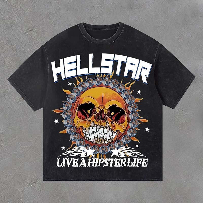 Men's Hellstar Skull Smile Face Earth Print Acid Washed T-Shirt product image