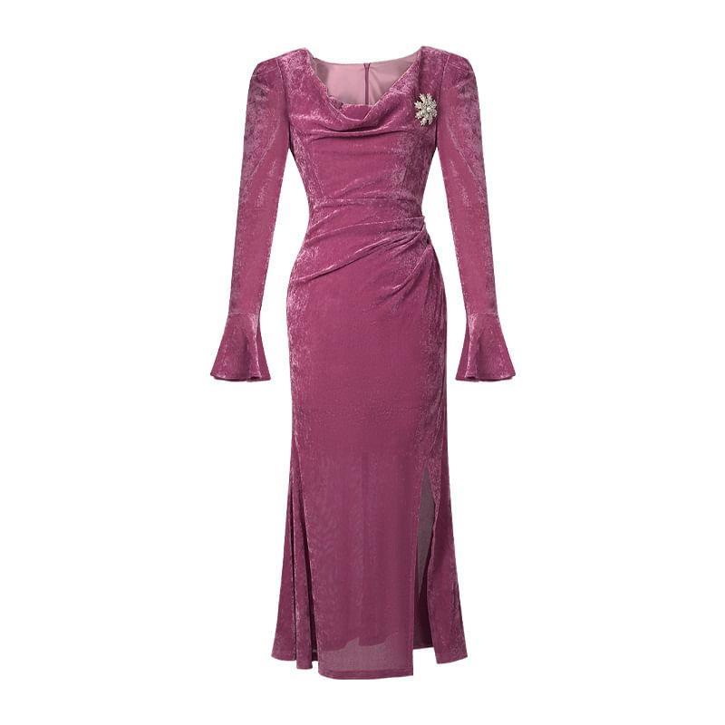 Long-Sleeve Cowl Neck Plain Velvet Slit Midi Sheath Dress Product Image