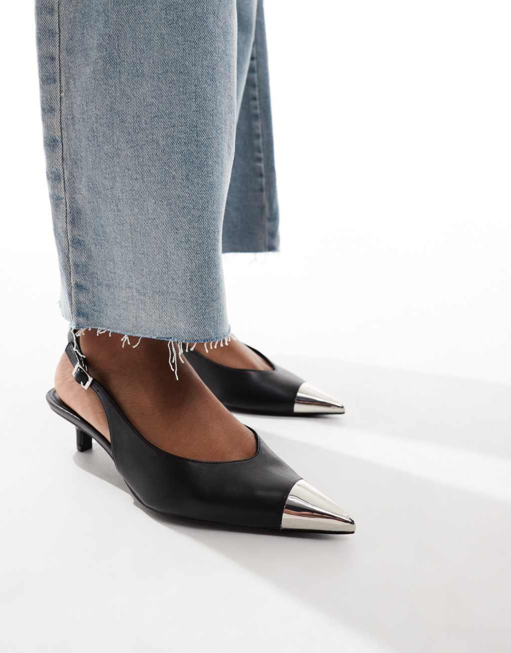 ASOS DESIGN Seeker toe cap slingback mid heel shoes in black Product Image