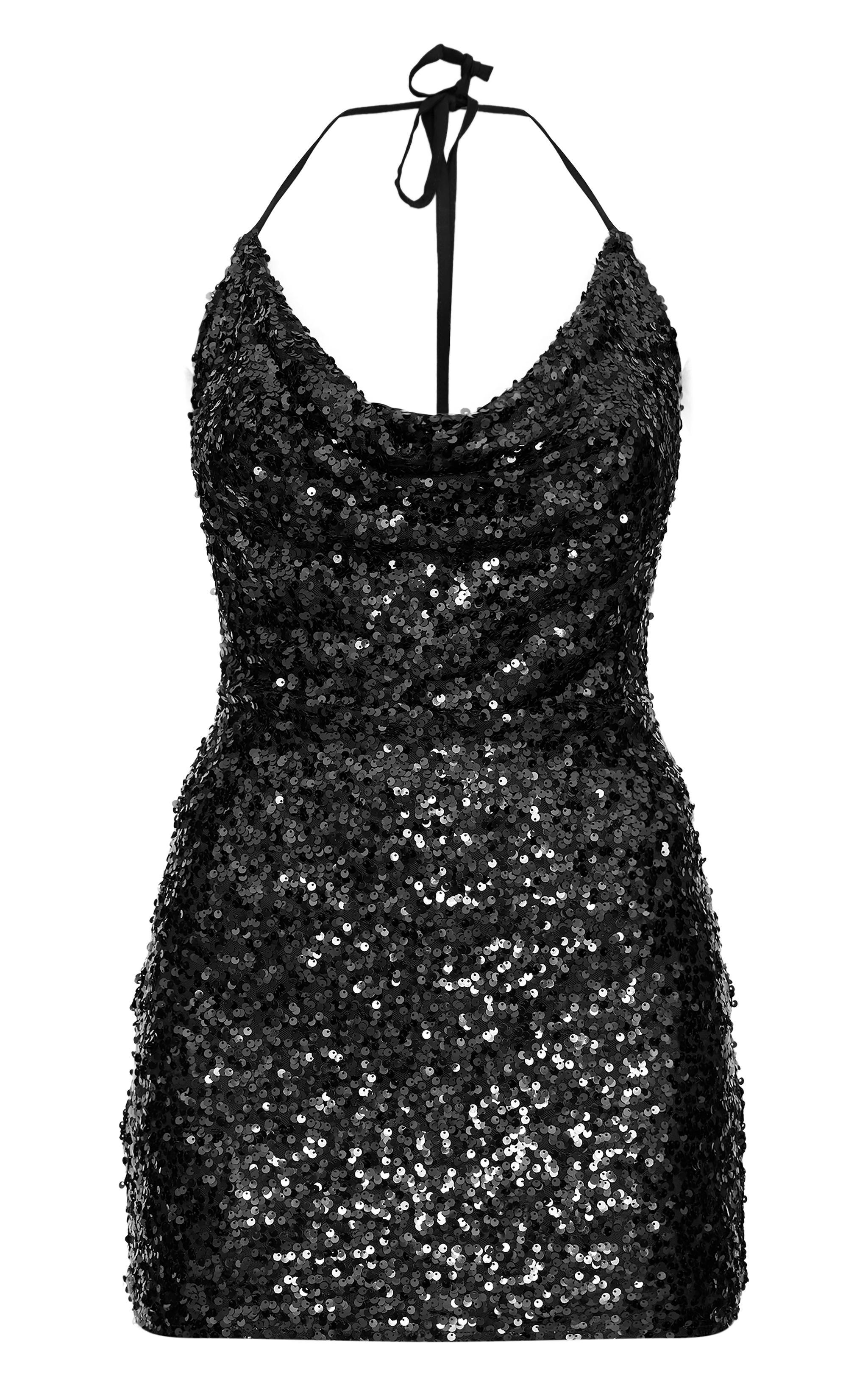 Black Sequin Tie Cowl Halter Neck Bodycon Dress Product Image