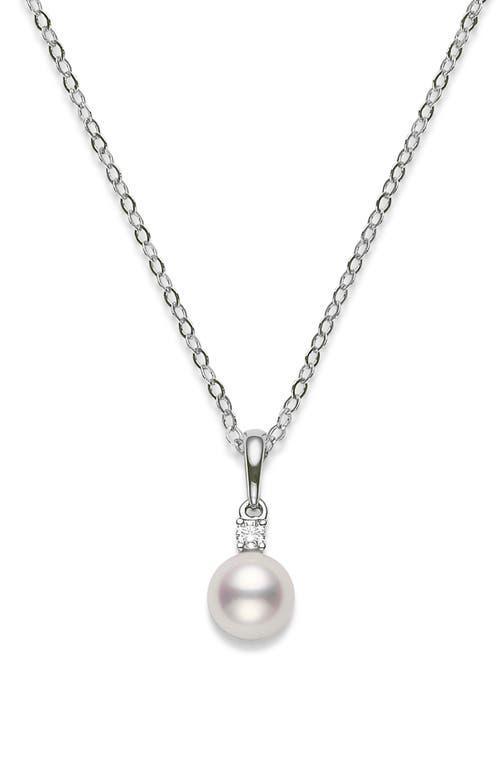 Womens Sterling Silver, 6MM White Cultured Akoya Pearl & Diamond Pendant Necklace Product Image