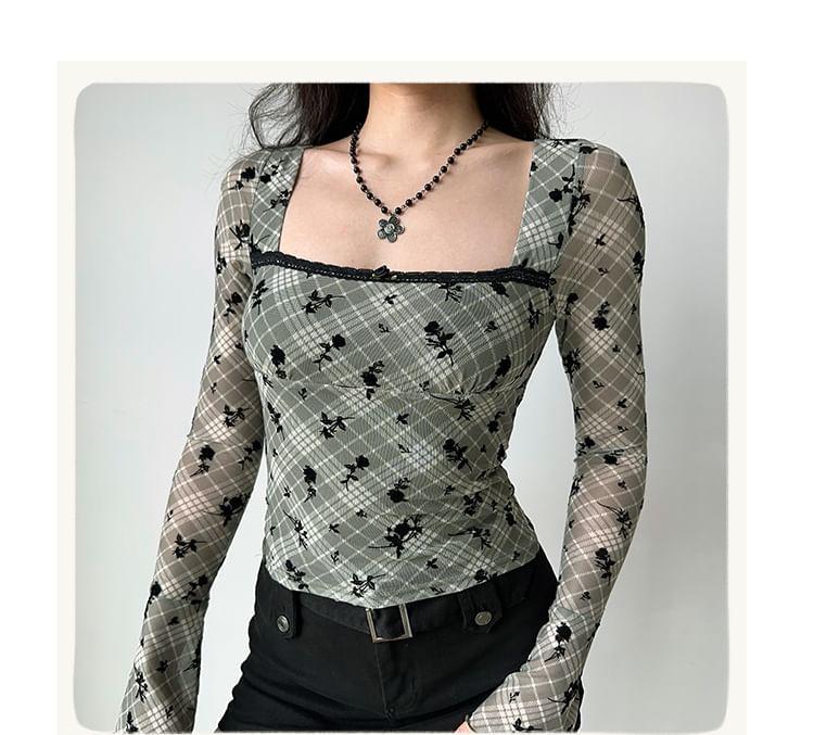 Long-Sleeve Square Neck Plaid Floral Jacquard Lace Trim Slim Fit Crop Top Product Image