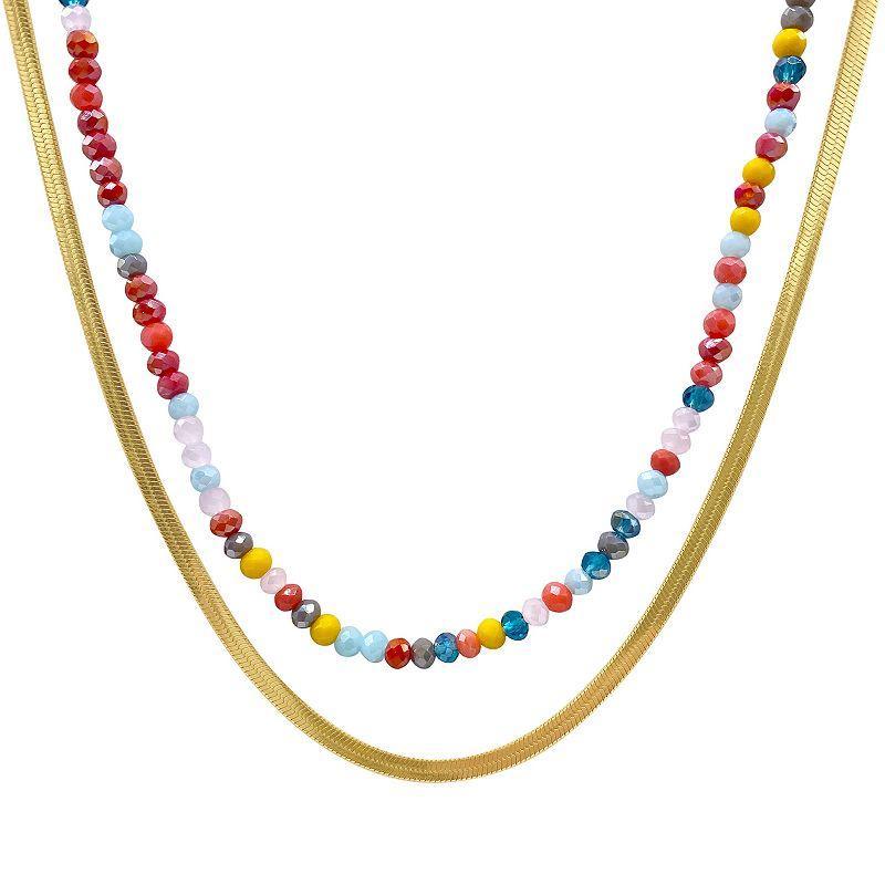 Adornia 14k Gold Plated Rainbow Beaded Necklace & Herringbone Necklace Set, Womens Gold Tone Product Image