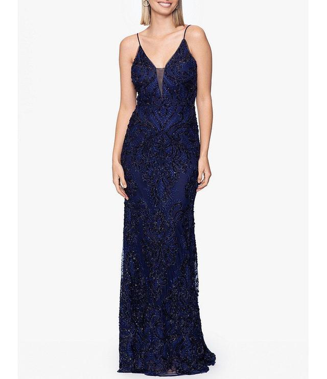 Betsy & Adam Illusion V Neck Sequined Column Gown Product Image