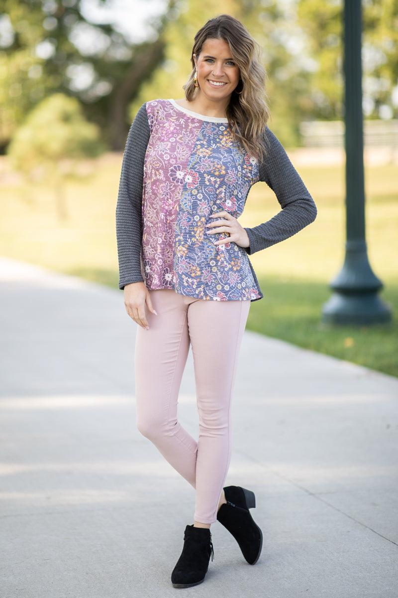 Charcoal Multicolor Paisley Floral Print Top Product Image