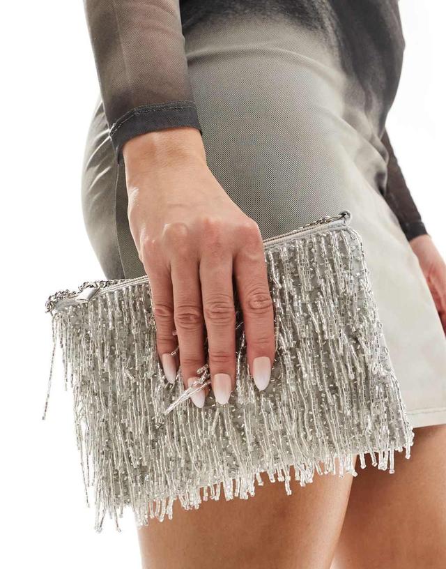 True Decadence embellished tassel clutch bag in silver Product Image