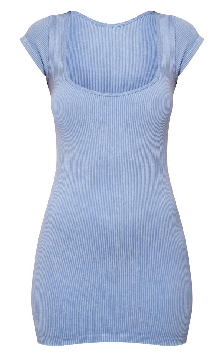 Light Blue Washed Snatched Rib Crew Neck Cap Sleeve Bodycon Dress Product Image