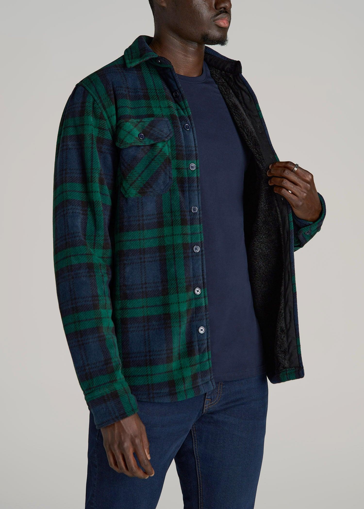 Sherpa-Lined Fleece Overshirt for Tall Men in Dark Blue & Green Plaid Product Image