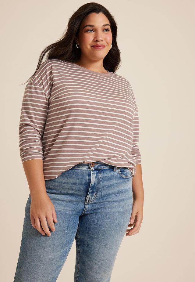 Maurices 4X Plus Size Womens 24/7 Clara Striped Long Sleeve Tee Beige Product Image