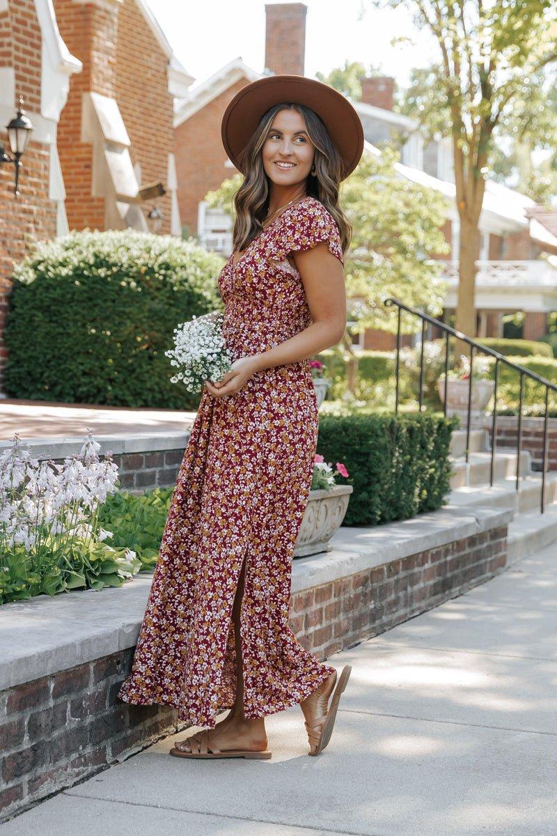 Wine Floral Print Smocked Maxi Dress - FINAL SALE Product Image