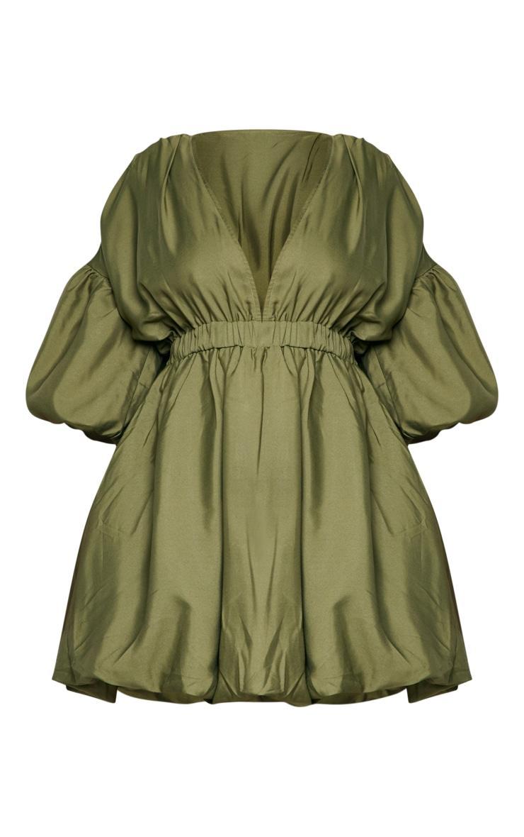 Plus Khaki Puff Sleeve Puffball Hem Dress Product Image