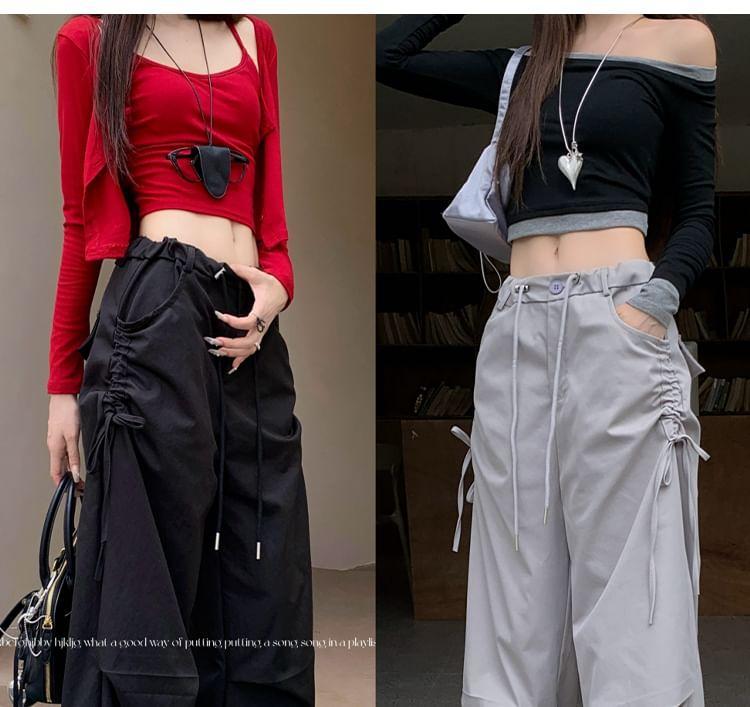 Drawstring Waist Plain Wide Leg Cargo Pants Product Image