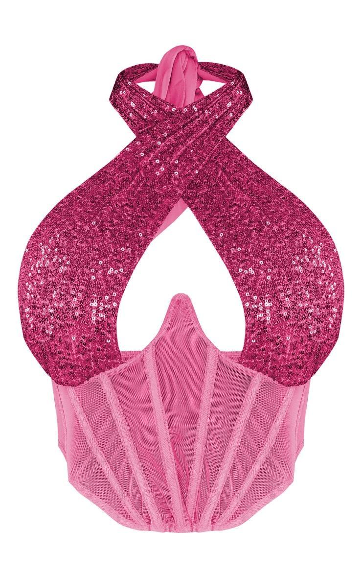 Shape Pink Sequin Mesh Insert Wrap Neck Corset Product Image