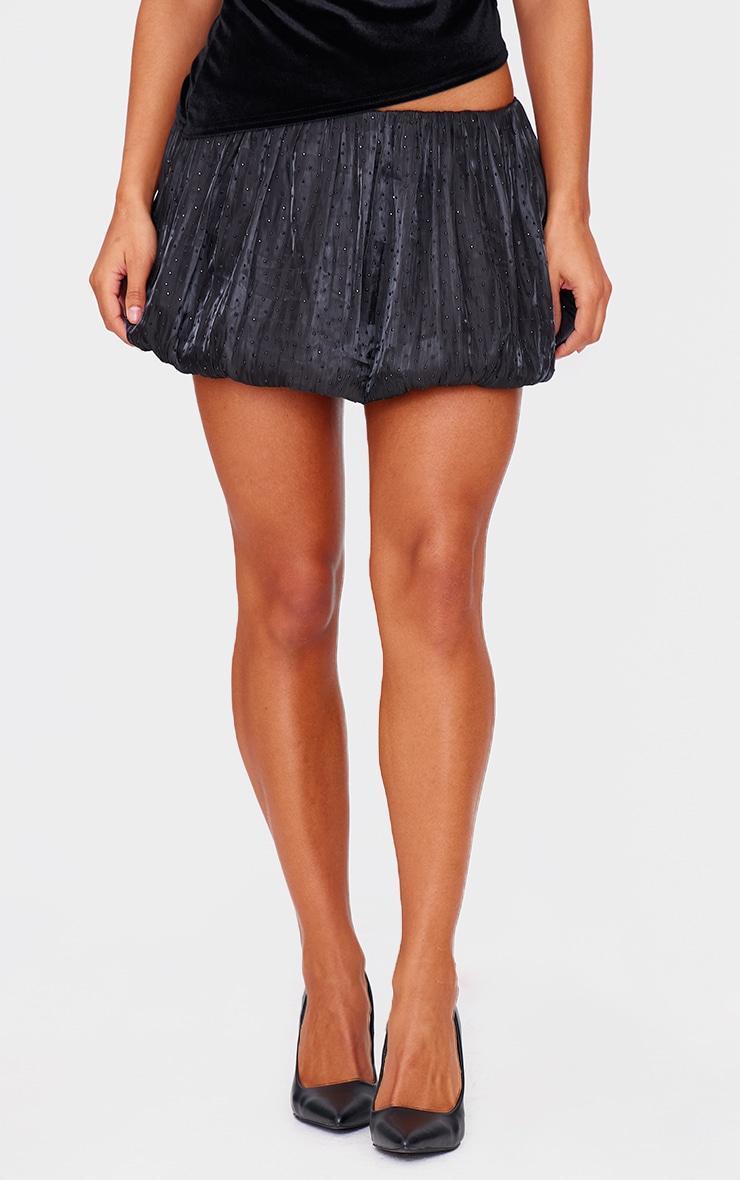 Black Satin Embellished Puffball Mini Skirt Product Image