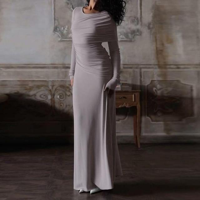 Long-Sleeve Crew Neck Plain Ruched Maxi A-Line Dress Product Image