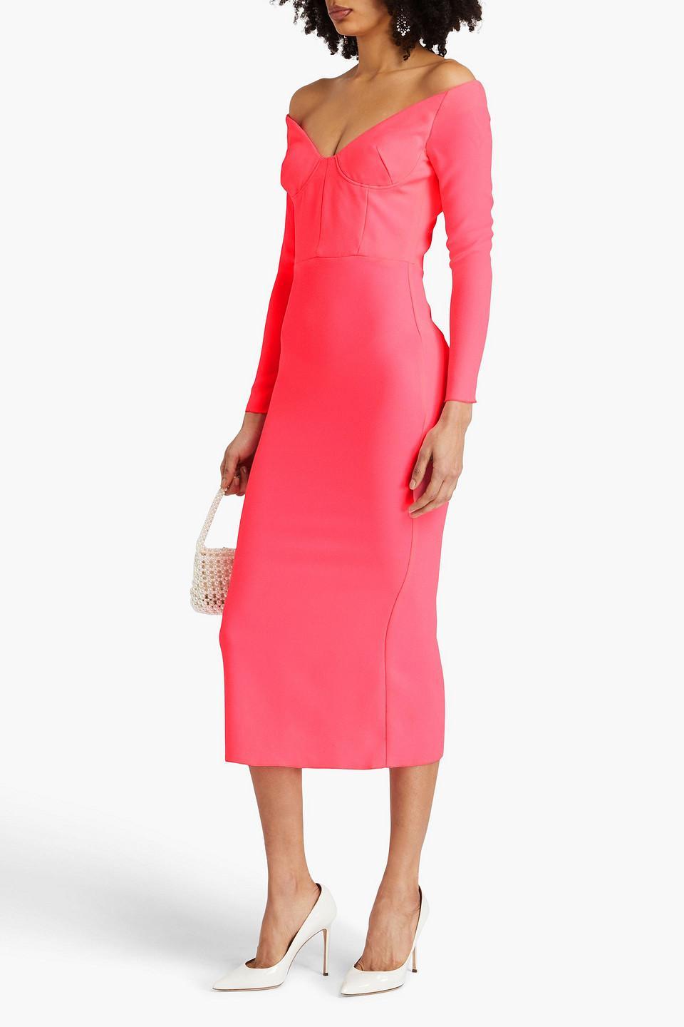 Off-the-shoulder Neon Crepe Midi Dress In Bubblegum Product Image