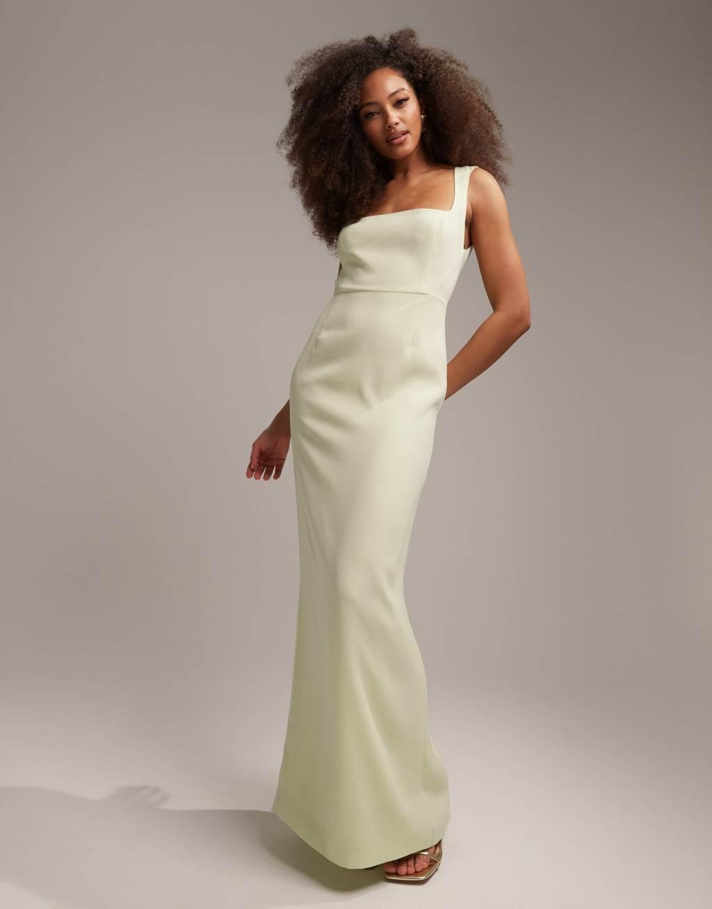 ASOS DESIGN Bridesmaids clean square neck crepe maxi dress with split in soft green Product Image