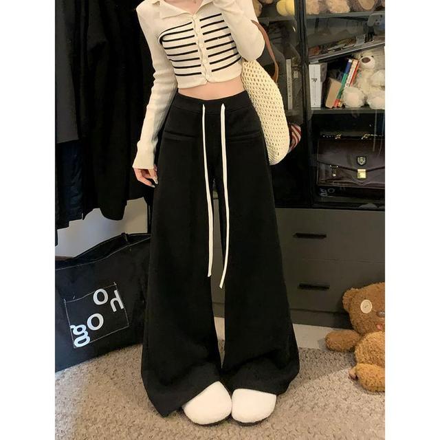 Drawstring Waist Fleece-Lined Wide Leg Pants Product Image