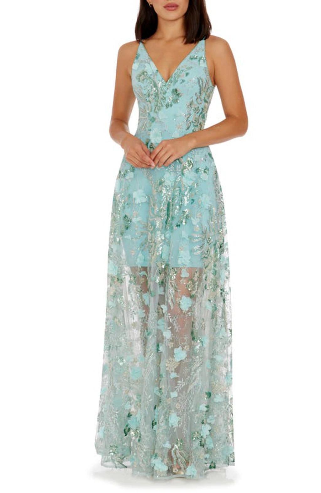 DRESS THE POPULATION Sidney Bead & Sequin Floral Appliqué Gown In Blue Product Image