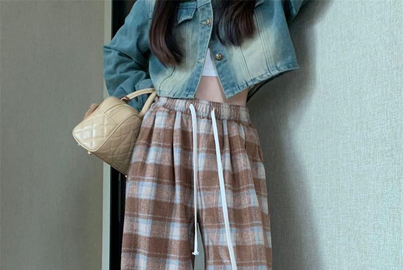 Drawstring Waist Plaid Wide Leg Pants Product Image