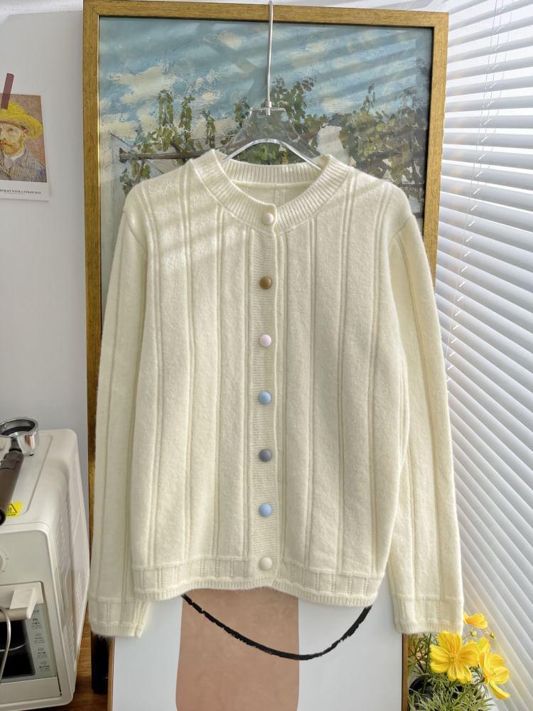 Crew Neck Plain Button-Up Cardigan Product Image