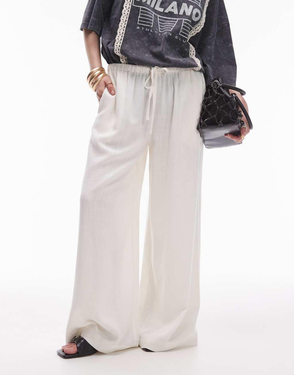 Topshop petite linen tie waist pants in white Product Image