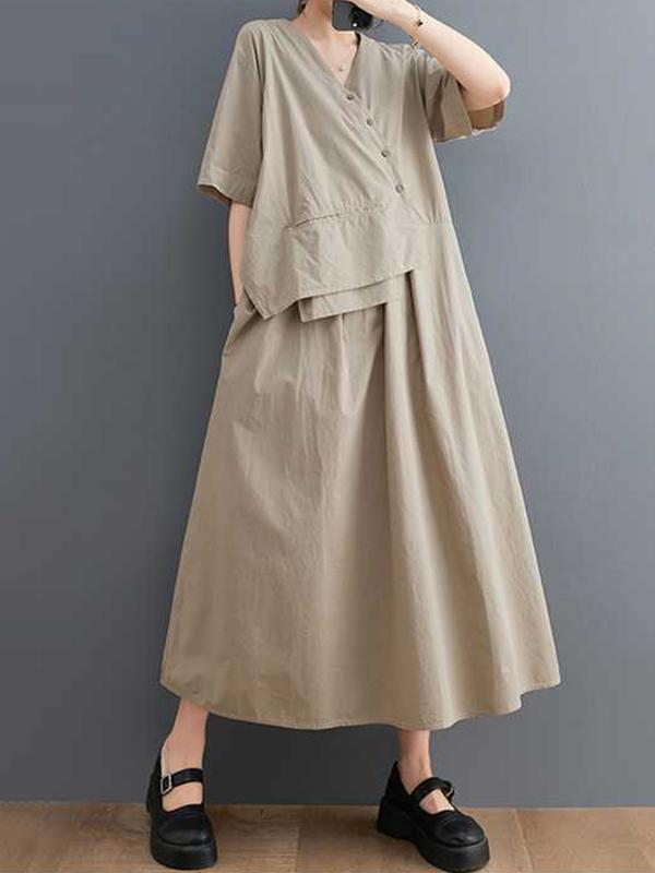 Loose Short Sleeves Pleated Solid Color Split-Joint V-Neck Midi Dresses Product Image