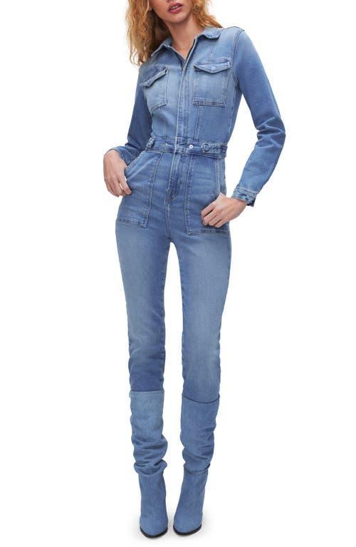 Good American Fit For Success Long Sleeve Denim Jumpsuit Product Image