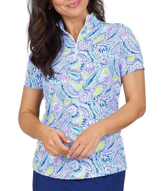 IBKUL Massie Printed Short Sleeve Zip Mock Neck Top Product Image