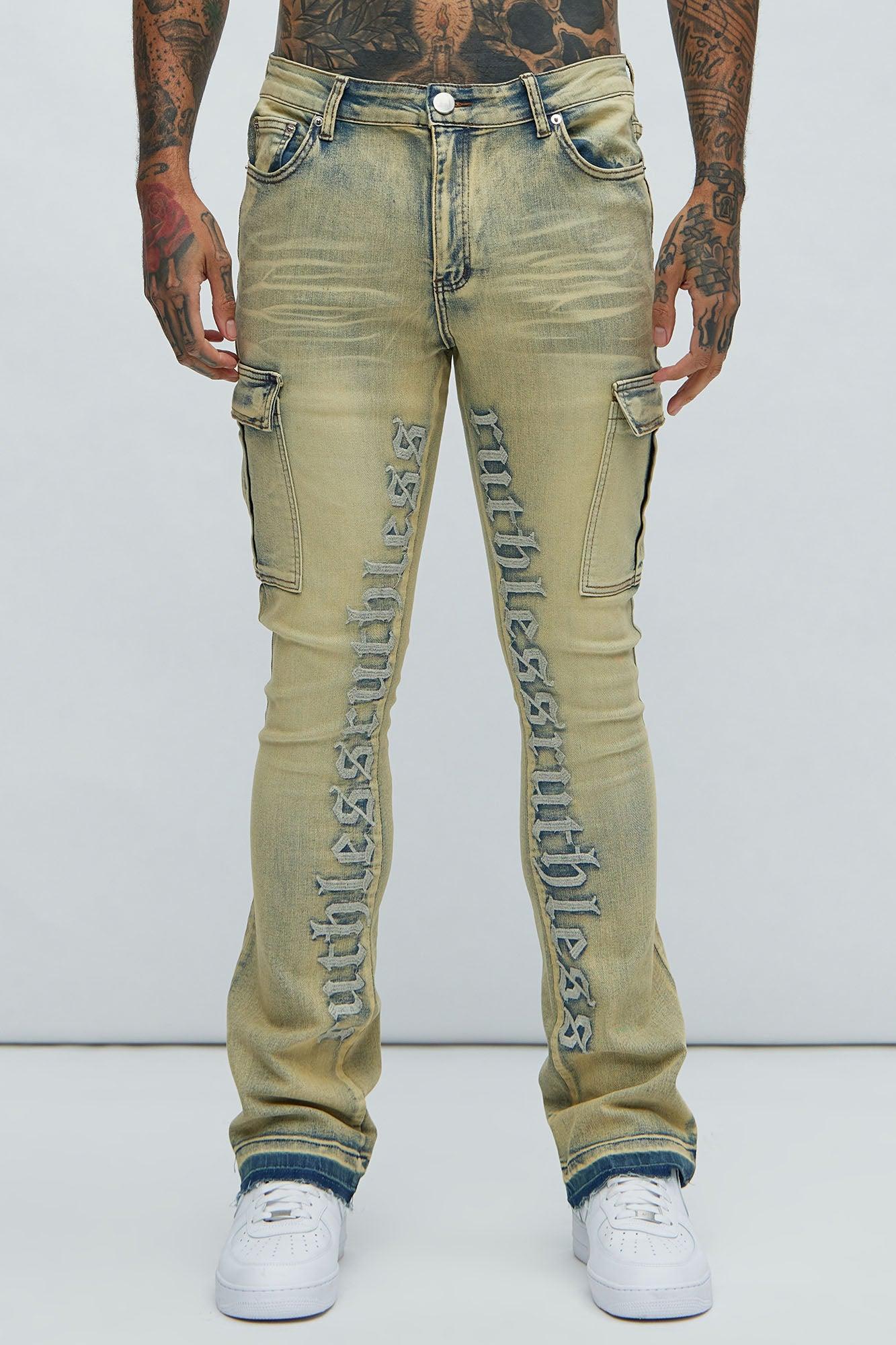 Ruthless Embroidered Stacked Skinny Cargo Flare Jeans - Vintage Blue Wash Product Image