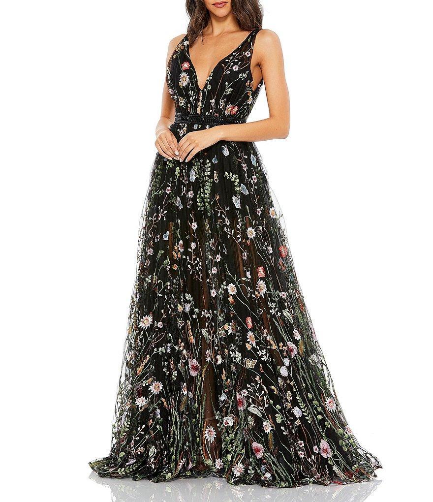 Mac Duggal Deep V Embroidered Floral Illusion Hem Gown Product Image