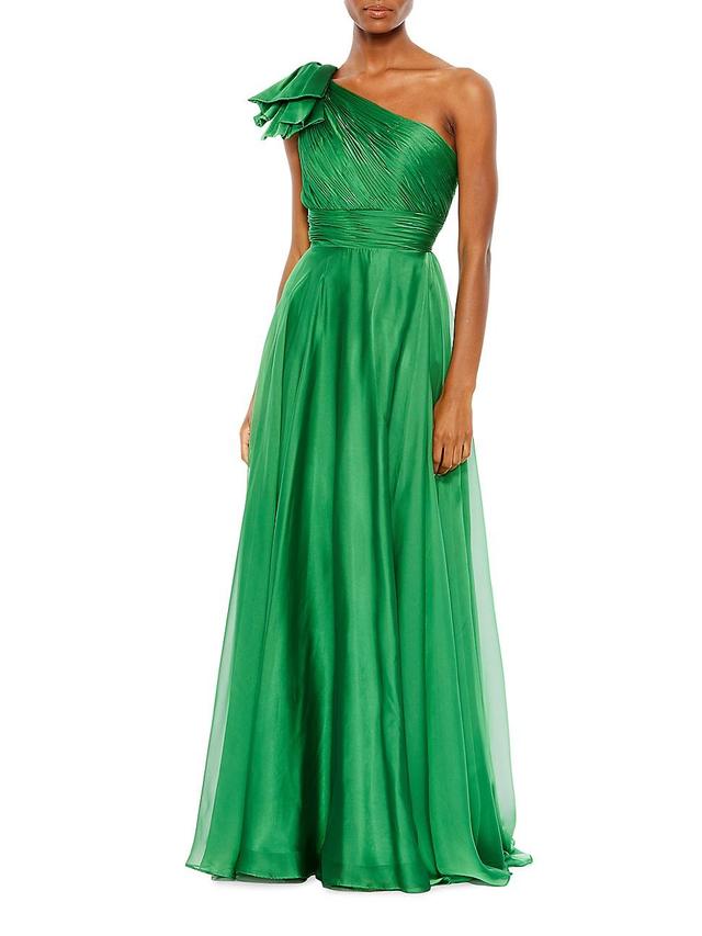 Mac Duggal Chiffon Pleated Asymmetrical Neck Shoulder Ruffle Cap Sleeve Thigh High Slit Gown Product Image