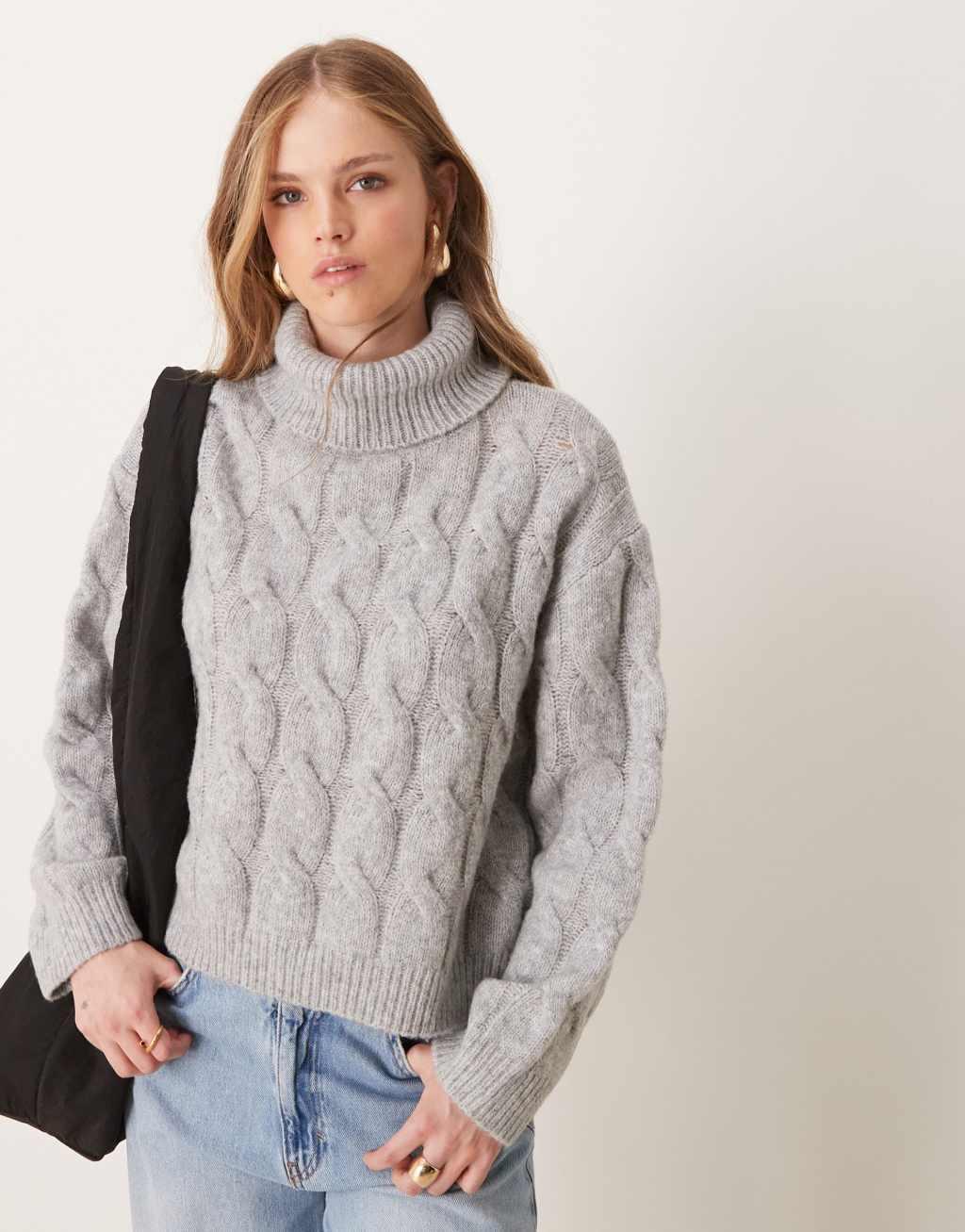 Miss Selfridge cable high neck cozy knit sweater in charcoal heather Product Image