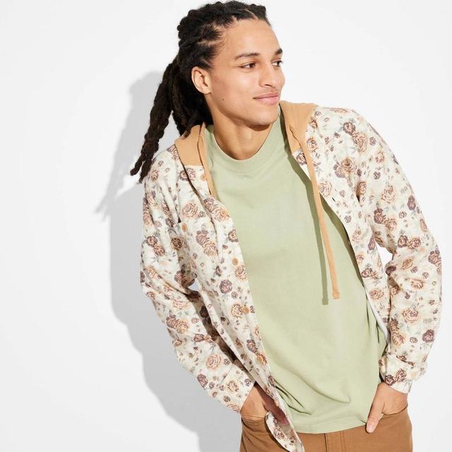 Mens Hooded Long Sleeve Button-Down Shirt - Original Use Khaki Floral Print XXL Product Image