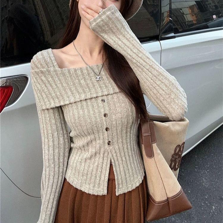 Long Sleeve Square-Neck Plain Ribbed-Knit Button-Detail Slim-Fit Sweater Product Image